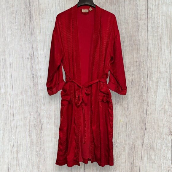 VICTORIA'S SECRET Vintage Y2K Gold Label Full Length Cotton Terry Satin Red Robe - Picture 1 of 12
